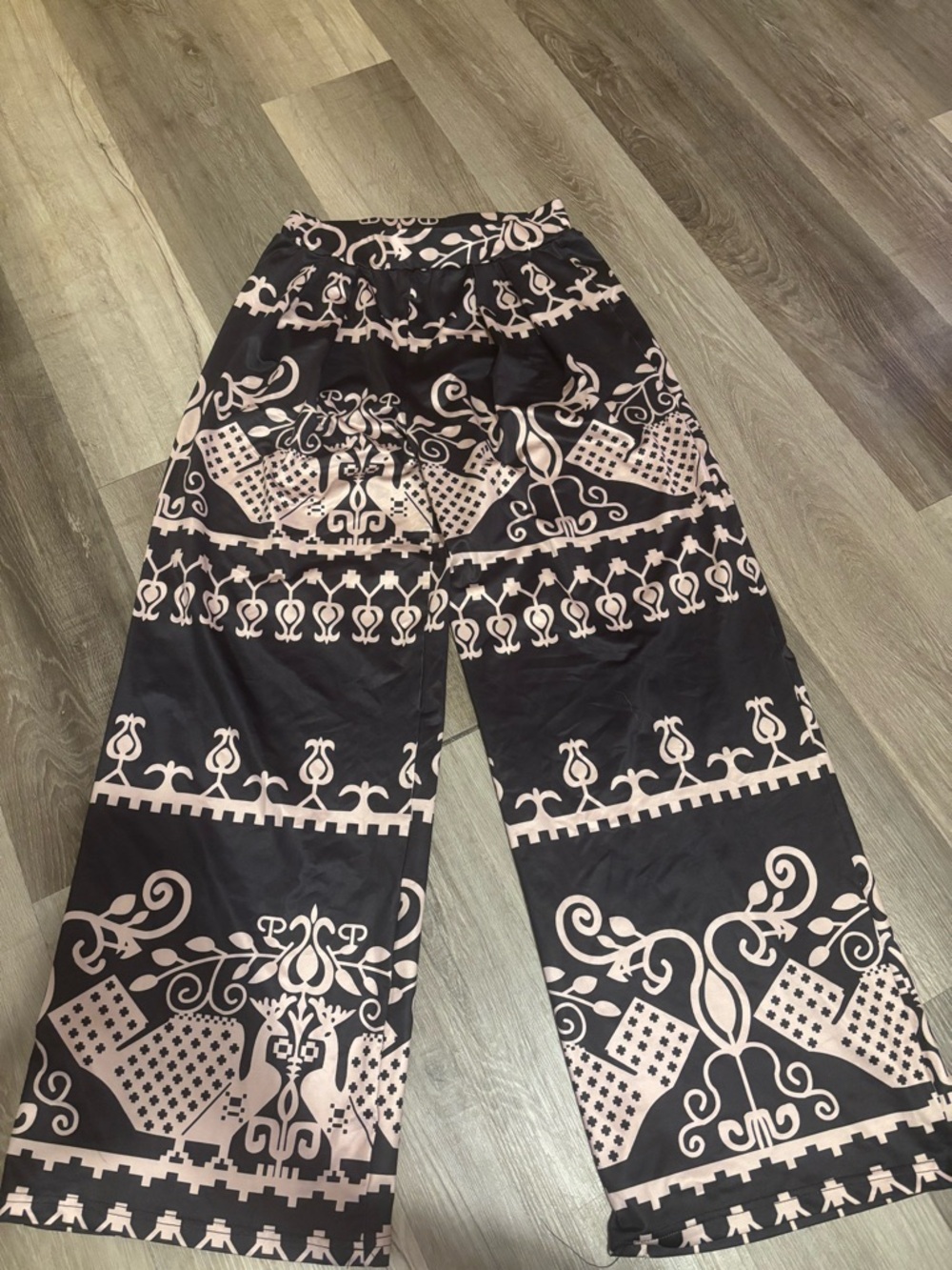 Black Wide Leg Patterned Palazzo Pants - Cream Motif